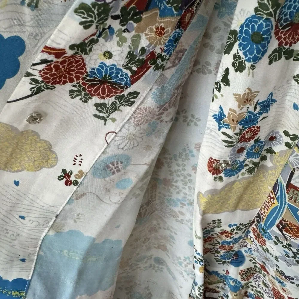 Vintage 60s 70s Floral Artsy Kimono‎ Nightgown Robe Snap Button Handmade? Sz M